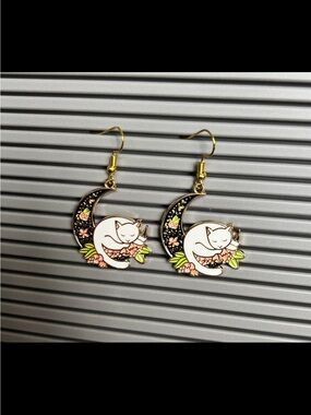 Cute White Cat on Crescent Moon Pink Floral Drop Earrings